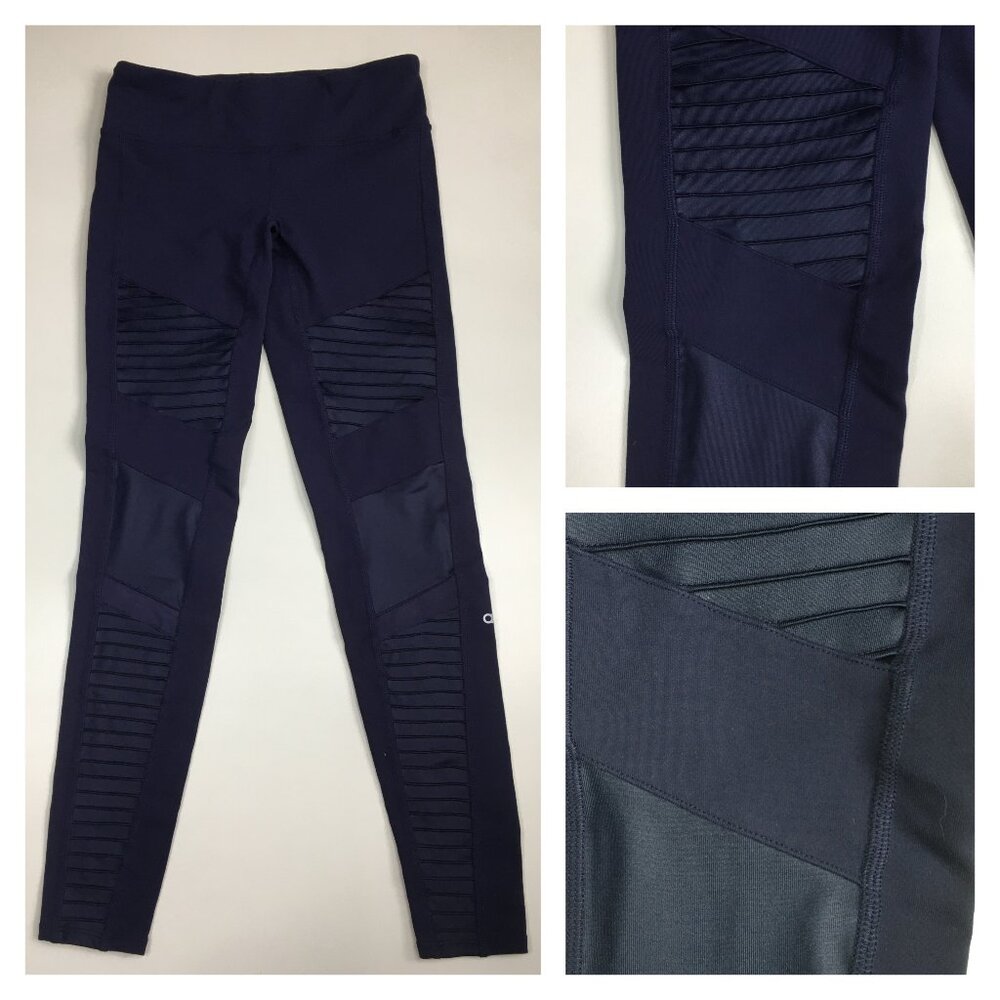 ALO Womens sz Small Blue Sheen Pleats Sheer Mesh Insert Pull On Leggings Pant